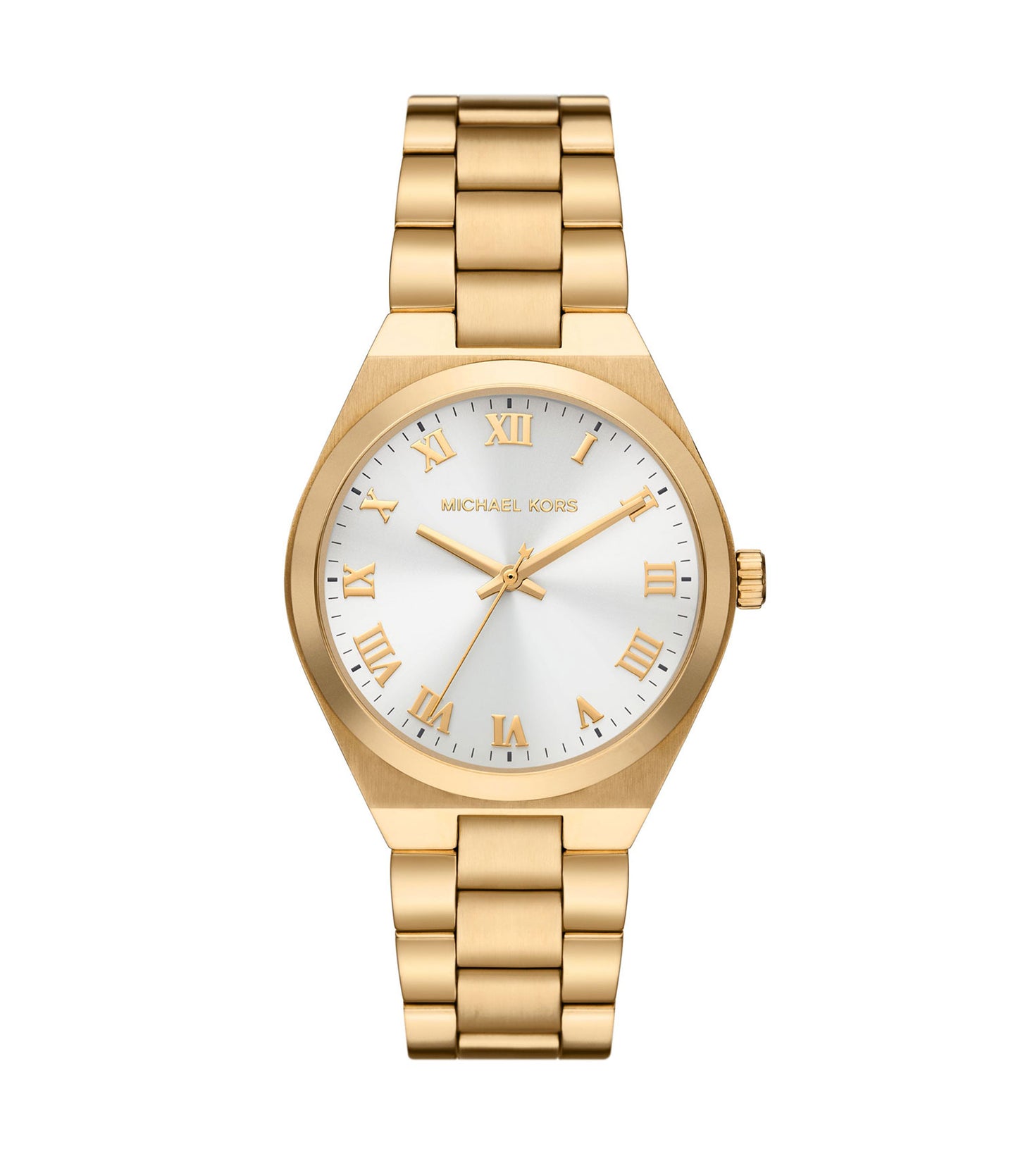 Michael Kors quartz watch in a gold tone, showcased at a 37-degree angle, highlighting the sleek design and elegant craftsmanship.