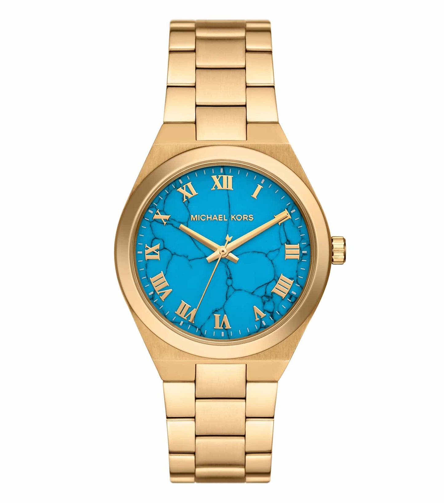 Michael Kors quartz watch at a 37-degree angle, showcasing a sleek silver-tone stainless steel band and elegant watch face against a white background.
