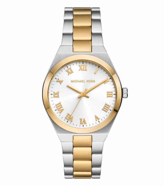 Michael Kors watch in none color with a stylish leather band, angled elegantly to showcase its timeless design, passion for precision craftsmanship.