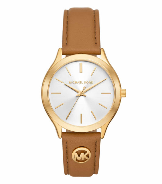 Michael Kors watch in a classic, single-tone finish, showcased at a 45-degree angle, highlighting its elegant and timeless design.
