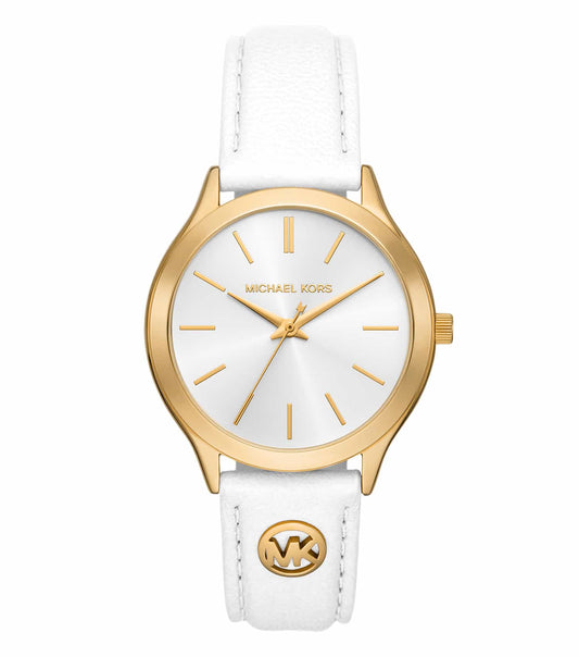 Elegant Michael Kors gold-tone watch featuring a sleek round stainless steel case, side angle showcasing minimalistic design.