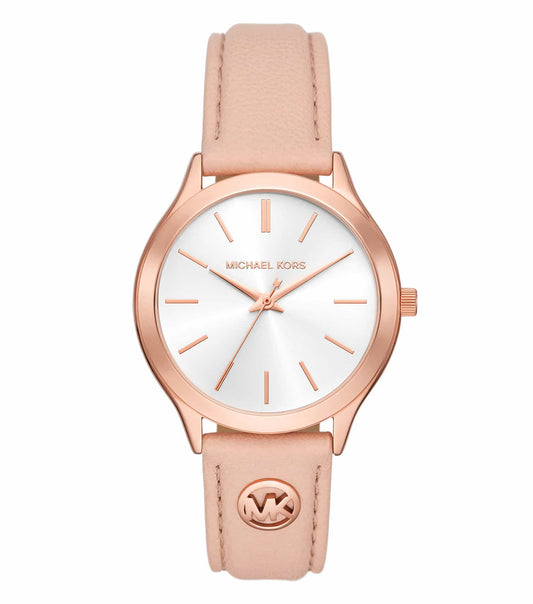 Michael Kors quartz watch in elegant gold color, angled view showcasing sleek design and shimmering dial details for watch enthusiasts.