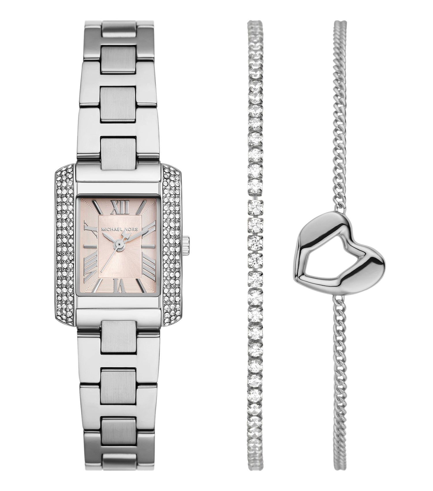 Michael Kors watch in gold-tone with a sleek bracelet design, captured from a front-angle view, showcasing elegance and craftsmanship.