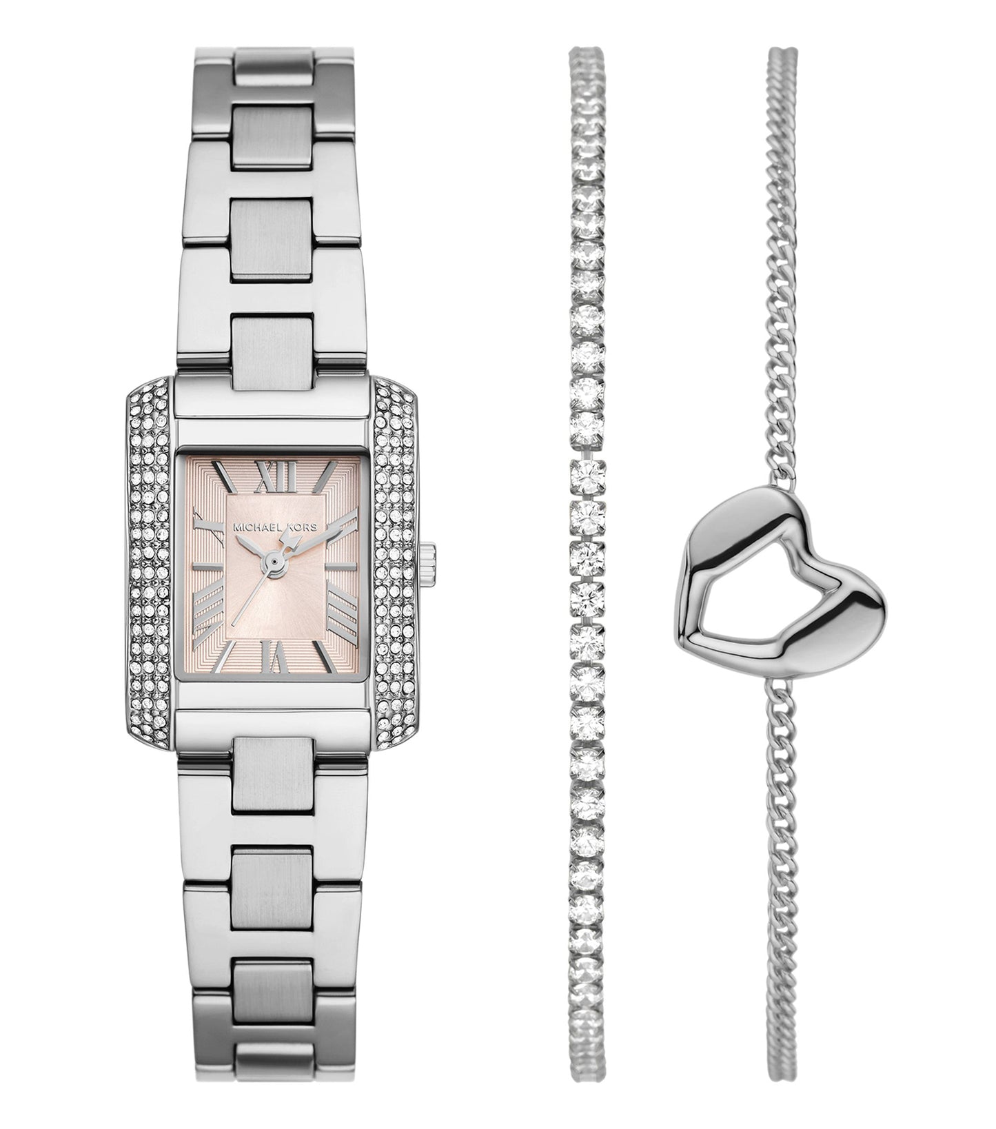 Michael Kors watch in gold-tone with a sleek bracelet design, captured from a front-angle view, showcasing elegance and craftsmanship.