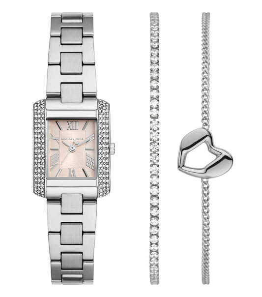 Michael Kors watch in gold-tone with a sleek bracelet design, captured from a front-angle view, showcasing elegance and craftsmanship.