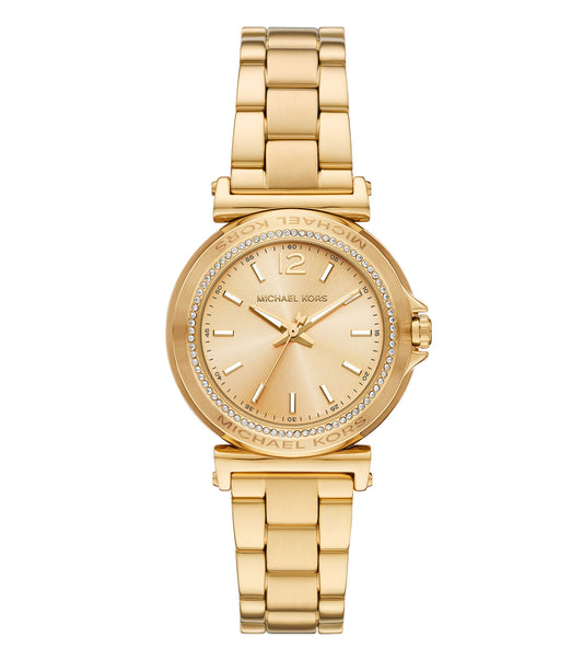 Michael Kors watch with black face and single-color silver bracelet, angled slightly, showcasing its sleek, elegant design.