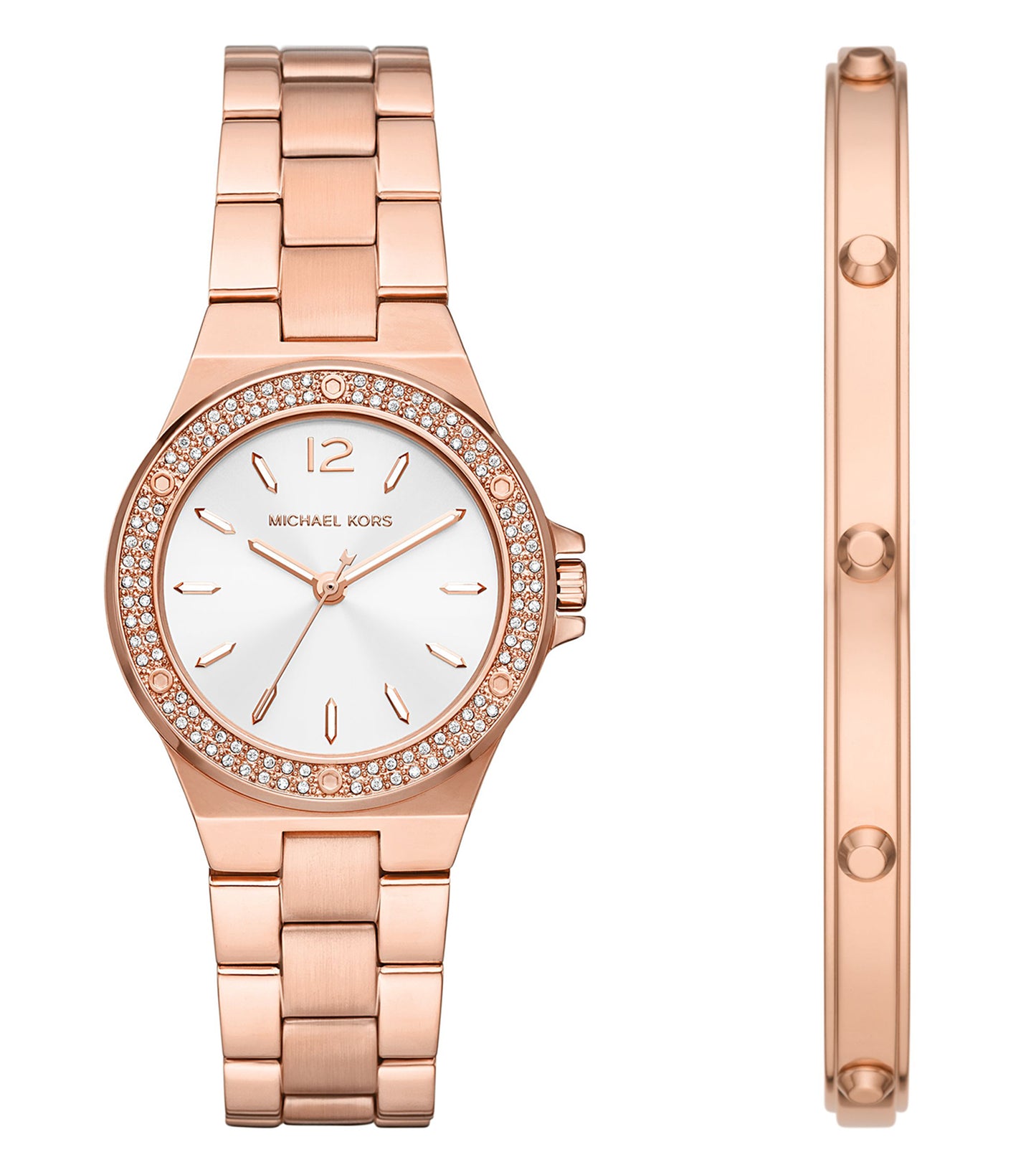 Elegant Michael Kors watch with golden strap, round dial featuring Roman numerals; top-view showcasing timeless sophistication
