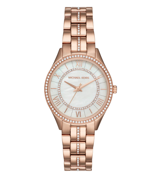 Michael Kors Quartz Watch with Gold-Tone Stainless Steel Bracelet, Shot at a Slight Angle Displaying Glamorous Sparkling Dial.