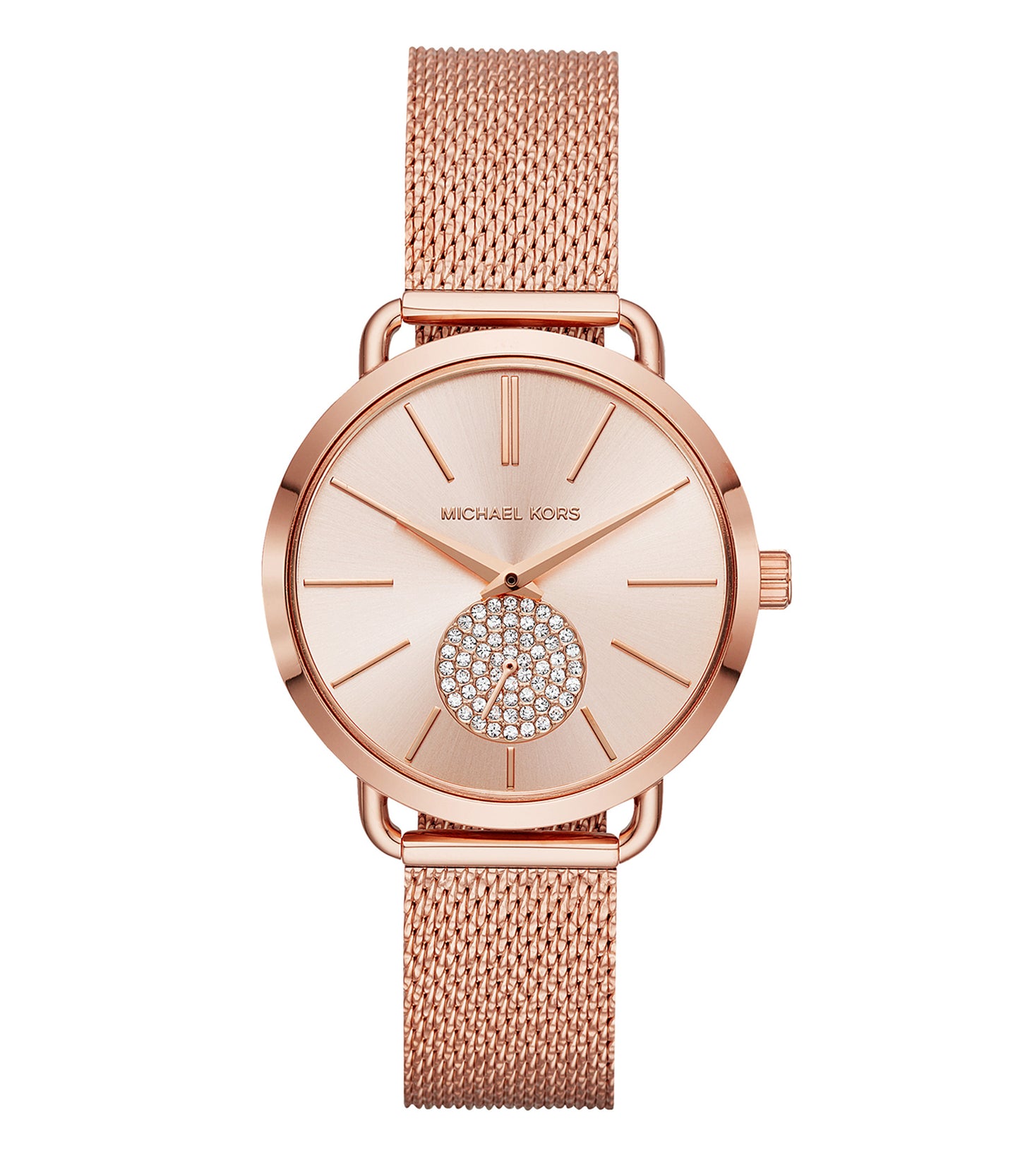 Michael Kors watch in quartz color, displaying a round face with a stainless steel band, side angle view showcasing elegance
