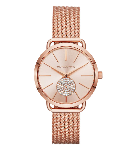 Michael Kors watch in quartz color, displaying a round face with a stainless steel band, side angle view showcasing elegance