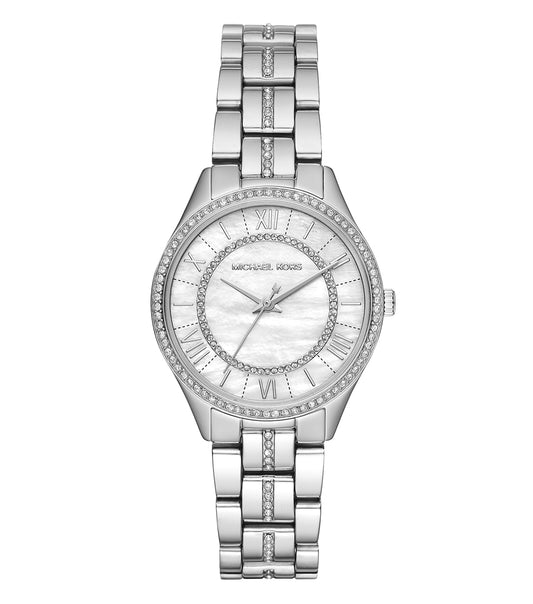 Elegant Michael Kors quartz watch in rose gold color, side angle view, showcasing a polished bracelet and minimalist dial design.