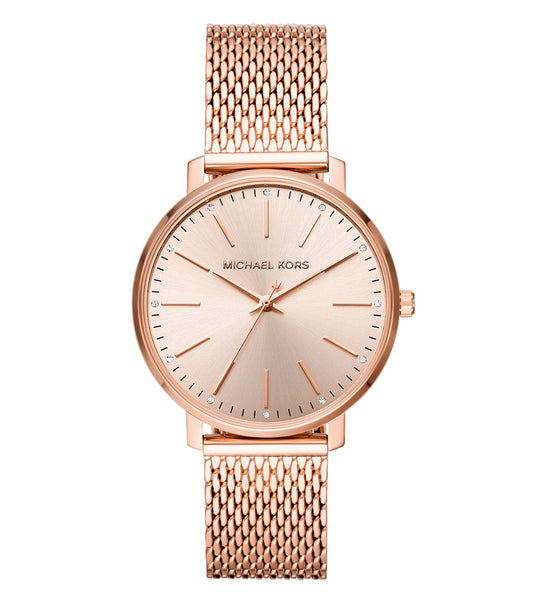 Elegant Michael Kors quartz watch featuring a chic gold-tone with crystal accents, positioned at an angled view on a soft white background.