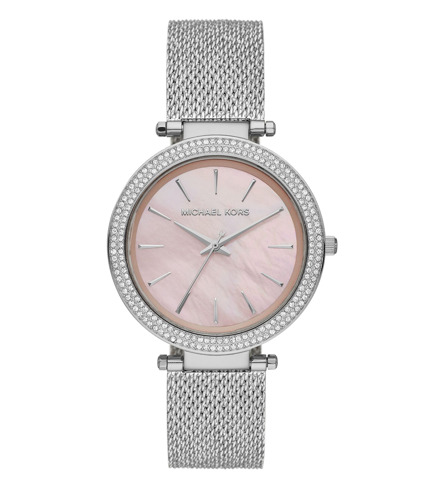 Michael Kors watch in silver, elegantly presented at a side angle, showcasing its sleek design and luxurious craftsmanship.