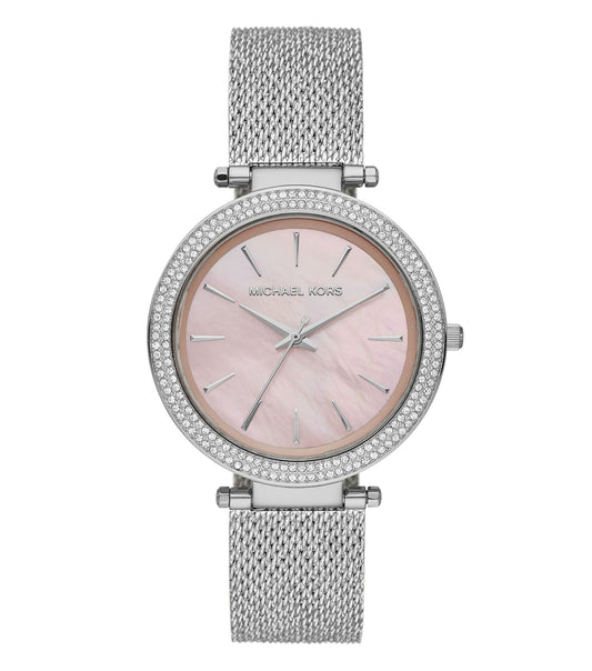 Michael Kors watch in silver, elegantly presented at a side angle, showcasing its sleek design and luxurious craftsmanship.