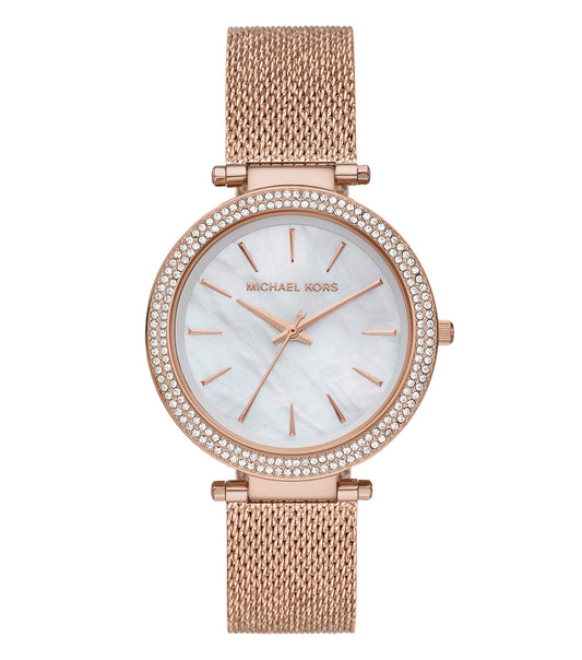 Michael Kors Quartz Color Watch, Striking Front View; Elegant Design with Gold Bezel and Sleek Bracelet; Timeless Luxury