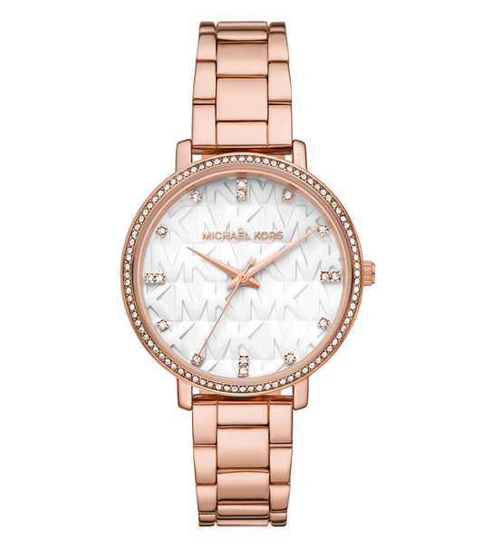 Michael Kors quartz-colored watch, front view; sleek design with a stunning sunray dial and luxurious stainless steel bracelet.