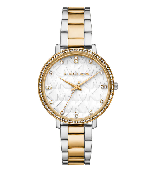 Michael Kors quartz watch in soft color, positioned at a three-quarter angle, showcasing exquisite design and luxurious appeal.