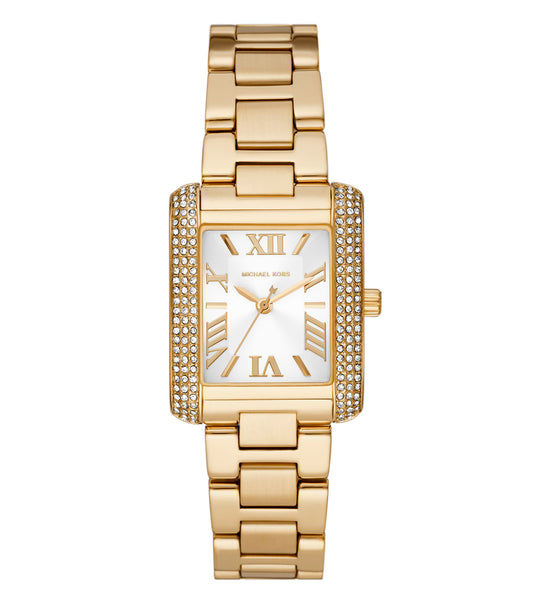 Michael Kors Emery watch in a rose-gold hue, front-facing view showing elegant dial, dazzling gemstones, and luxurious bracelet details.