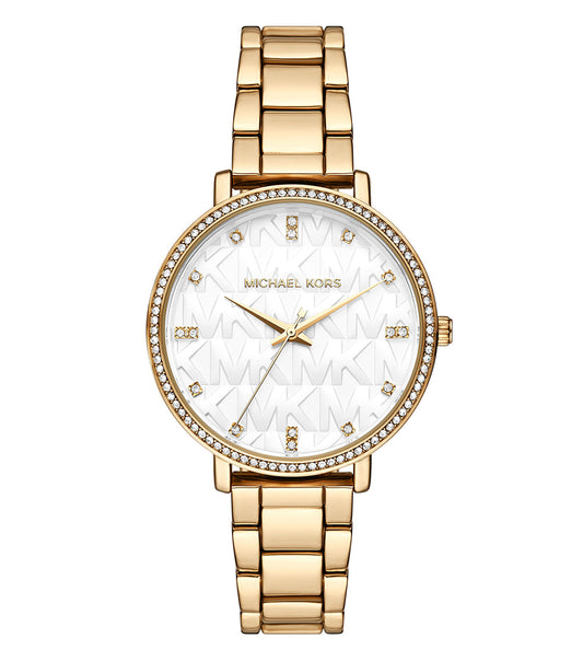 Michael Kors watch in black tone, showcasing a sleek frontal view with elegant diamond accents and gold detailing.