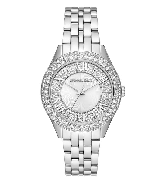 Side angle view of a stylish Michael Kors watch in a sleek silver tone, showcasing elegant design and craftsmanship.
