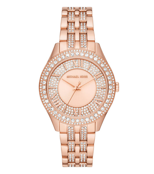 Michael Kors women's watch in quartz color, close-up side angle showcasing elegant design and sparkling accents.