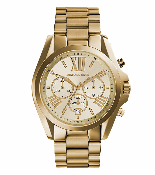 Michael Kors Bradshaw Quartz watch in gold tone, displayed at a slight angle showcasing its elegant design and stainless steel bracelet.