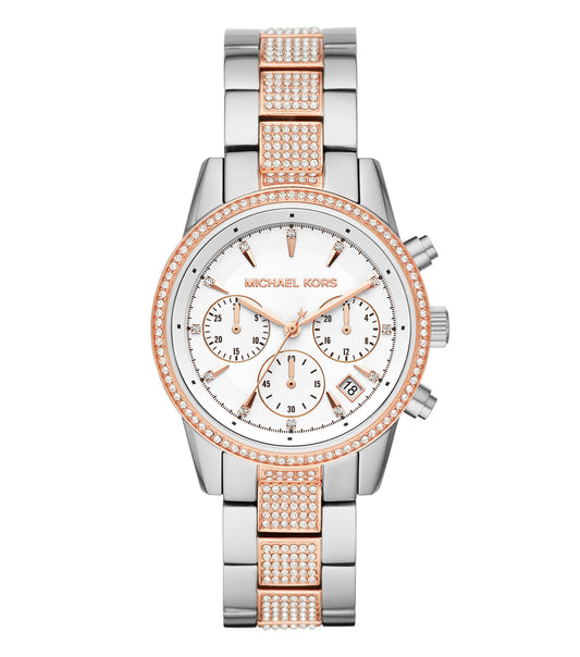 Michael Kors quartz watch in striking color, featured at a 37-degree angle, showcasing elegant design and craftsmanship.