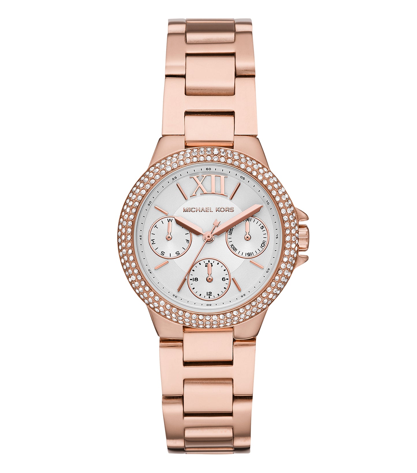 Michael Kors watch in silver, featuring a classic round dial, captured at a three-quarter angle, showcasing elegance and precision.