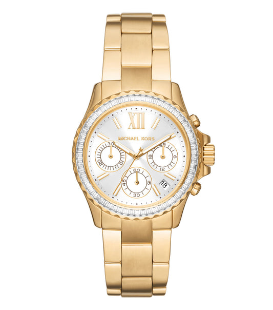 Elegant Michael Kors quartz watch with gold tone, viewed at a 36-degree angle, showcasing luxurious dial and sleek band.
