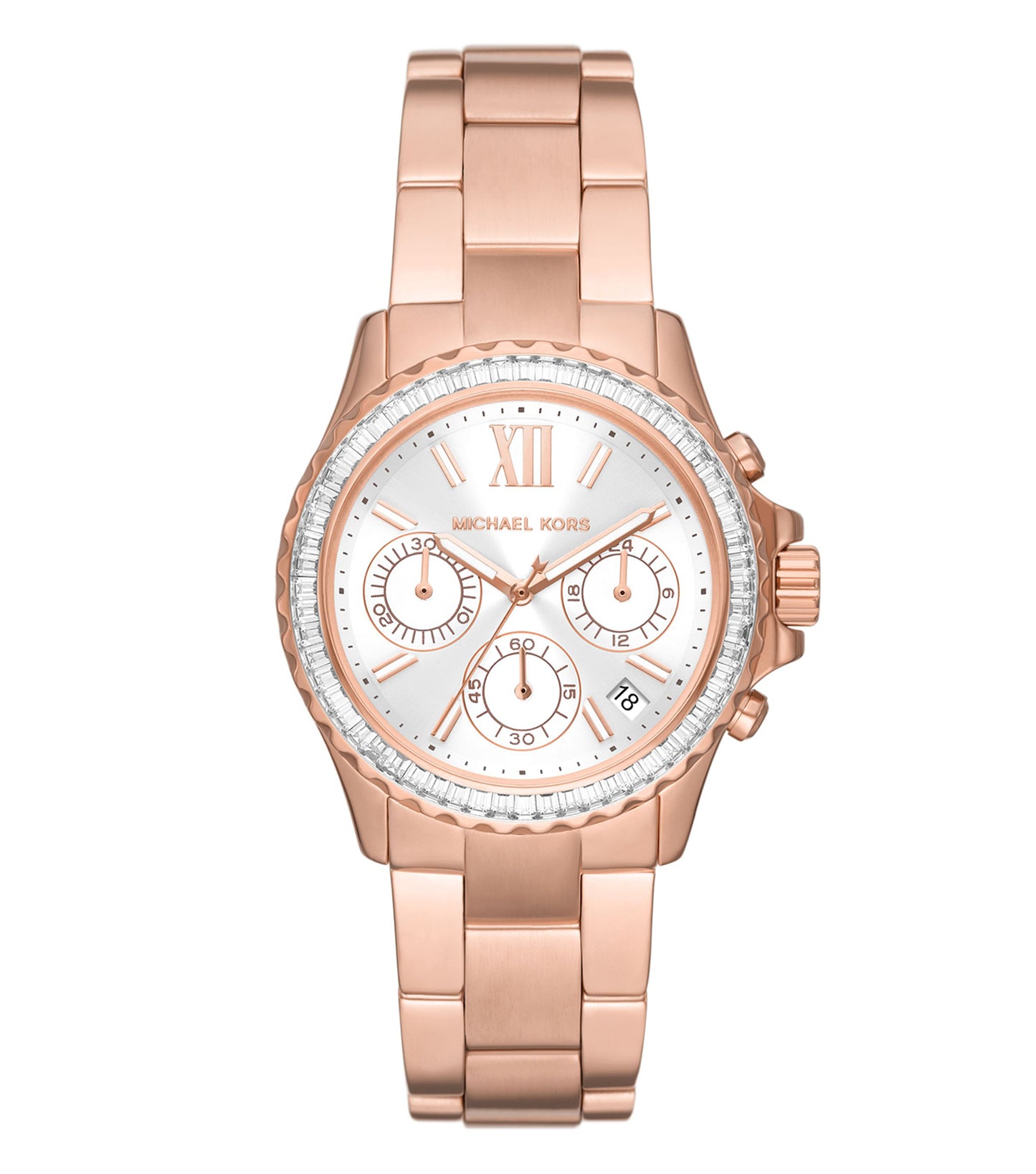 Michael Kors watch in a shimmering gold tone, showcasing the intricate dial design from a tilted angle, embodies luxury.
