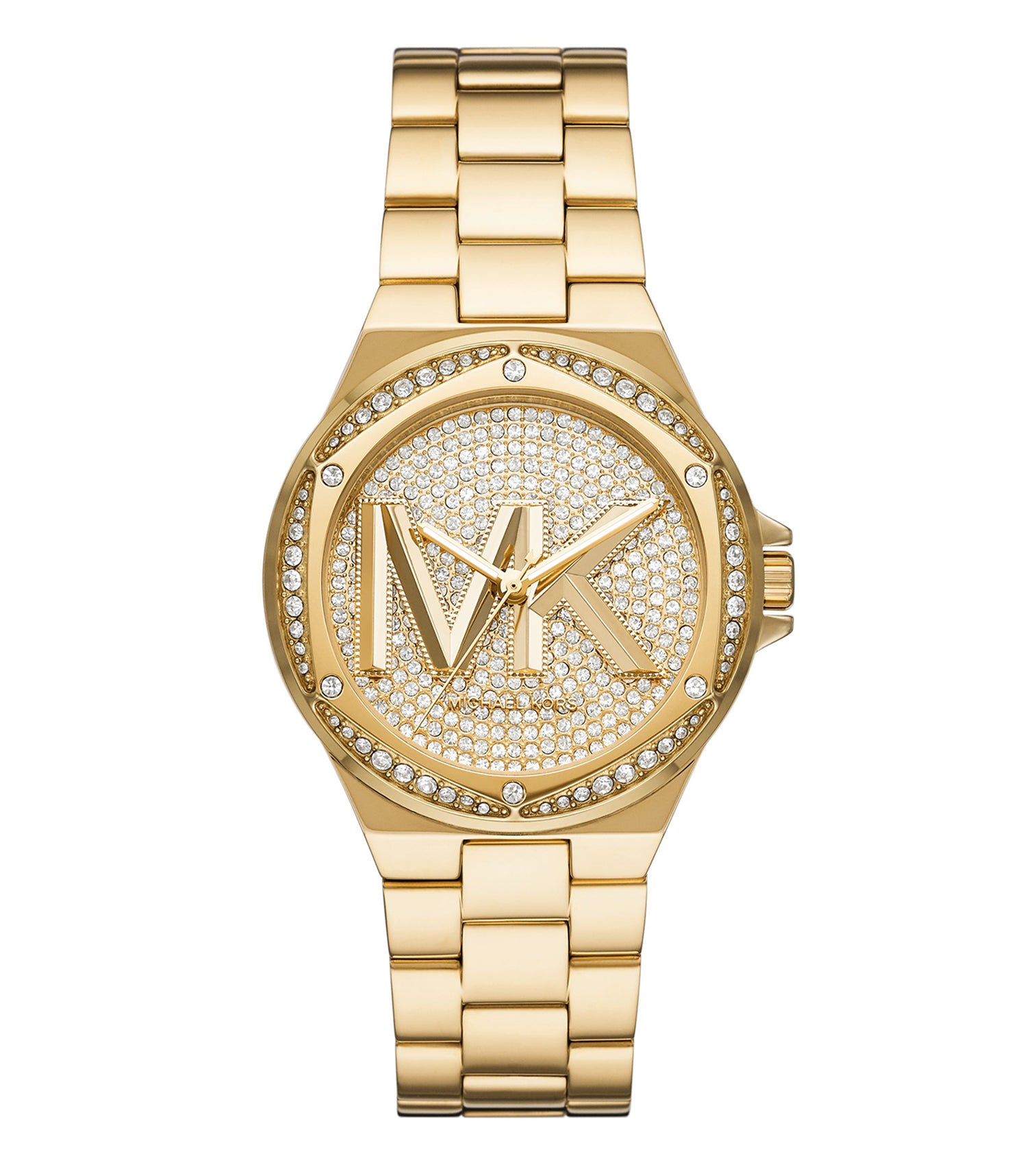 Michael Kors stylish black watch with elegant gold accents, showcasing a detailed face at a three-quarter angle.