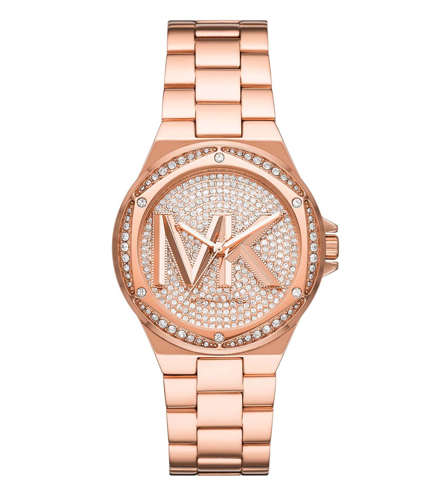 Michael Kors Quartz Watch, front view; elegant design with silver-tone bracelet and crystal accents; luxury timepiece for fashion enthusiasts.