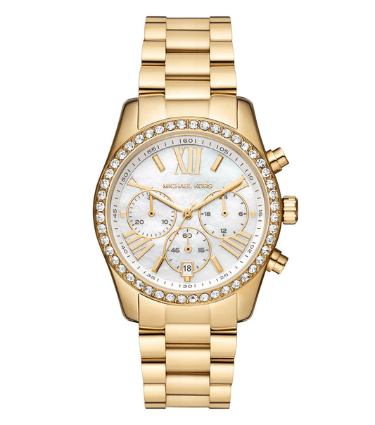 Elegant Michael Kors watch with a gold-tone finish positioned at a 38-degree angle, showcasing intricate details and luxurious style.