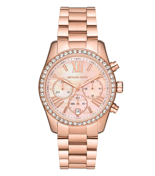 Michael Kors watch, gold-tone with black leather strap, angled top-right view; luxury timepiece showcasing elegance and style.