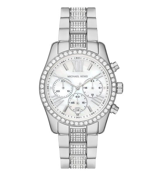 Elegant quartz Michael Kors watch with a round dial, gold-tone bracelet, and classic background, showcased at a 38-degree angle.