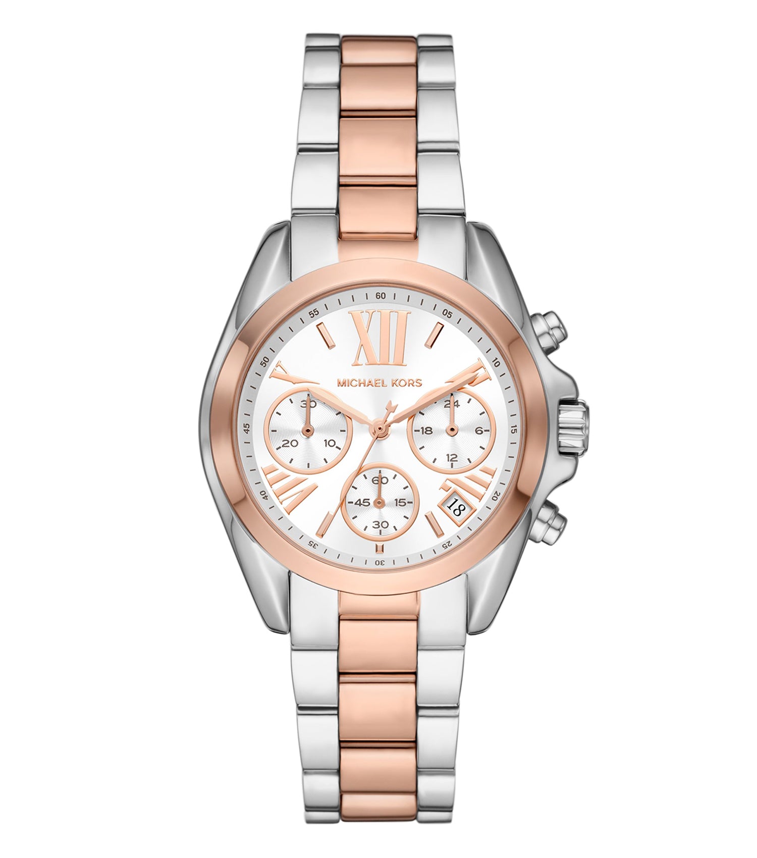 Michael Kors quartz colored watch, side angle, showcasing sleek design, metallic details, and luxurious appeal in this elegant timepiece.