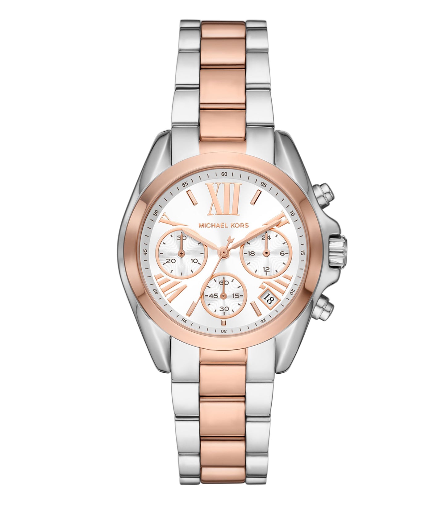 Michael Kors quartz colored watch, side angle, showcasing sleek design, metallic details, and luxurious appeal in this elegant timepiece.