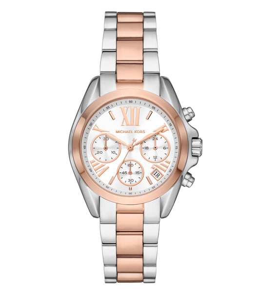 Michael Kors quartz colored watch, side angle, showcasing sleek design, metallic details, and luxurious appeal in this elegant timepiece.