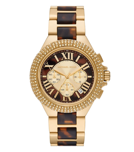 Quartz-colored Michael Kors watch close-up, showcasing a sleek round face with golden accents, viewed from a 43-degree angle.