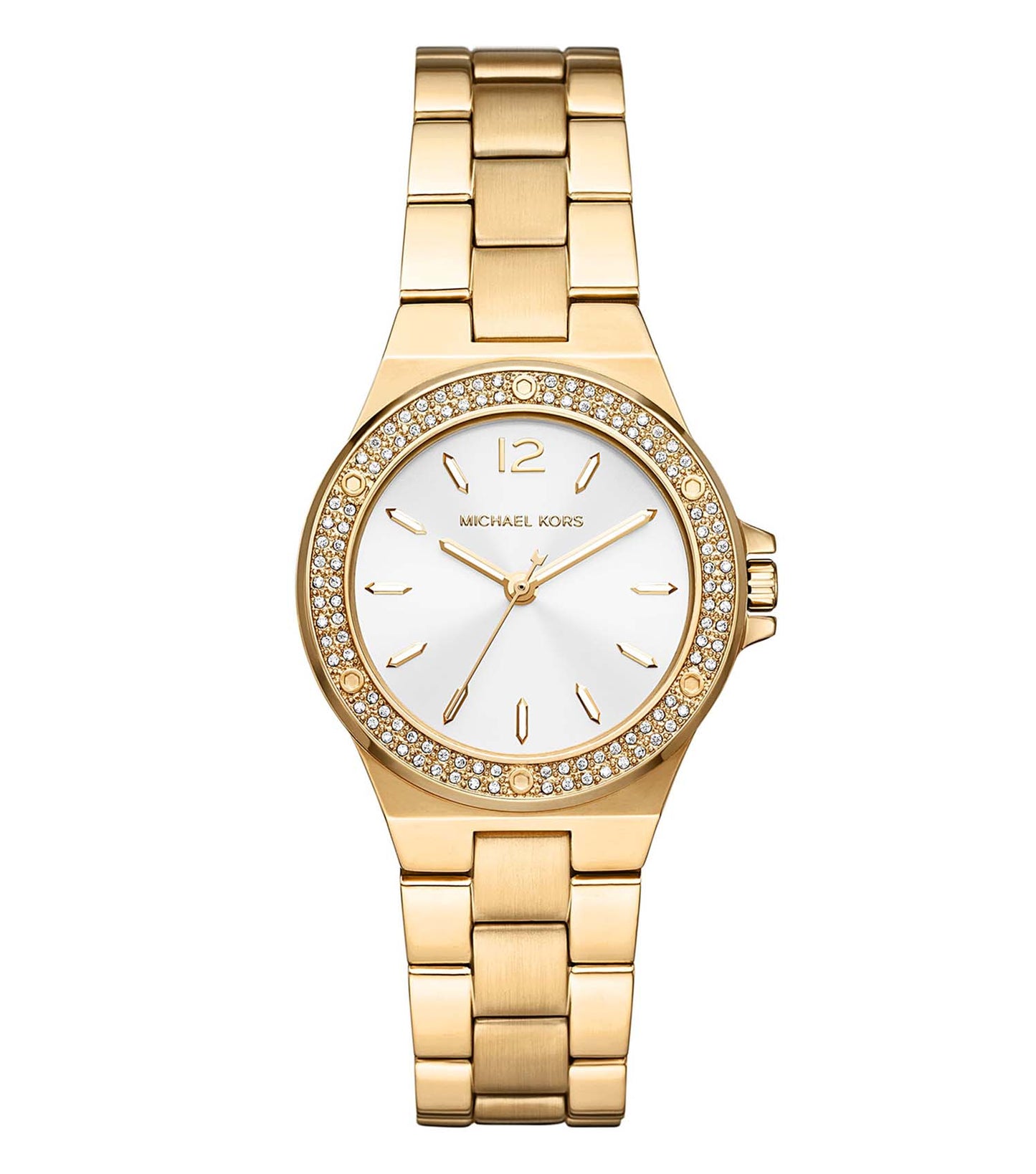 Michael Kors watch with a gold-toned stainless steel bracelet and sparkling crystals, angled from the front, showcasing elegance and luxury.