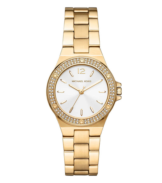 Michael Kors watch with a gold-toned stainless steel bracelet and sparkling crystals, angled from the front, showcasing elegance and luxury.