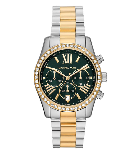 Elegant Lexington watch by Michael Kors in a gold-tone finish, showcasing a classic round face at an angled view, reflecting luxury and style.