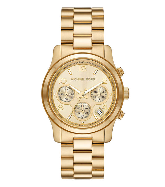 Michael Kors Quartz Watch in elegant beige tones, front angle view, showcasing sleek design and iconic brand style.