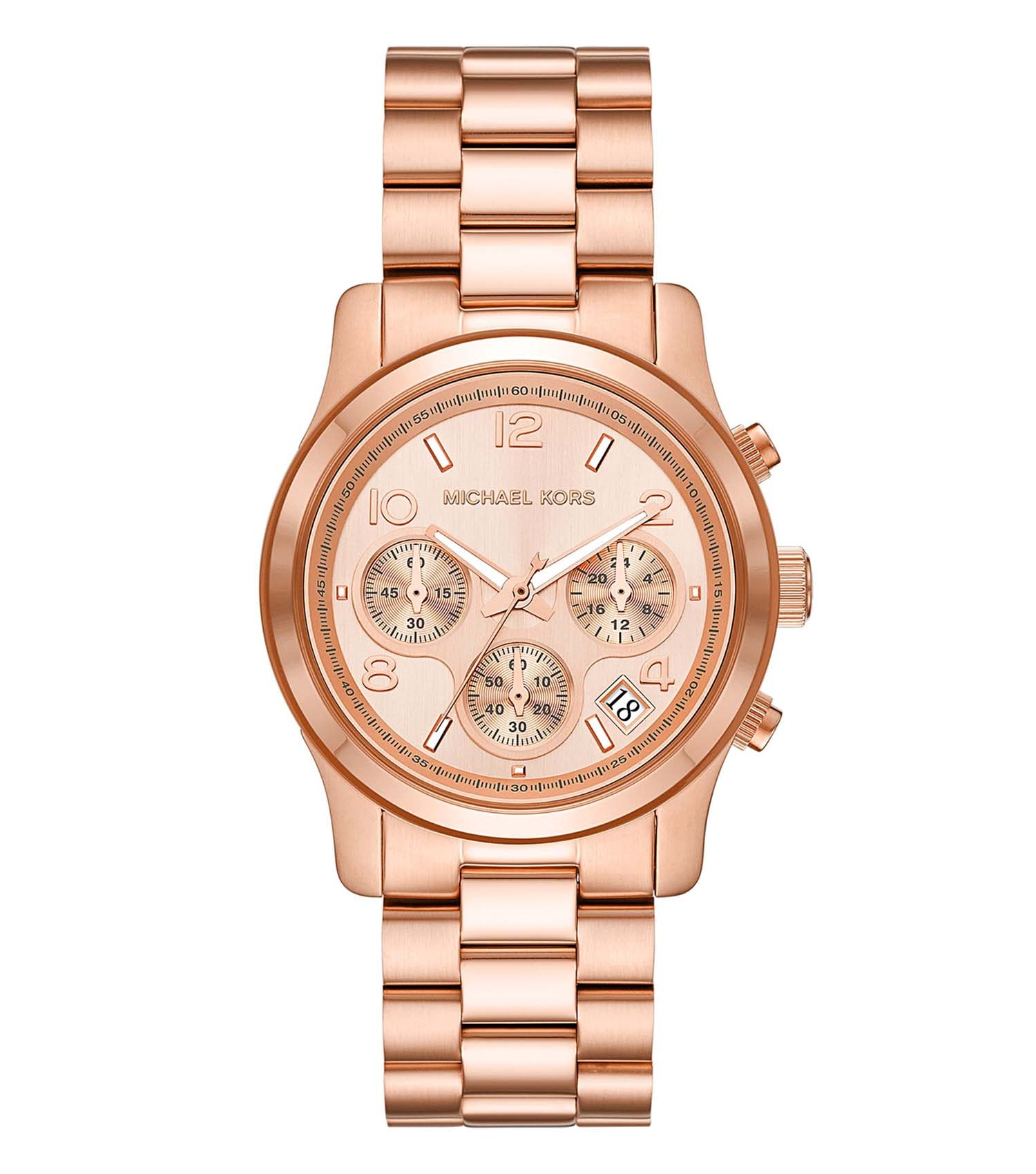 Michael Kors quartz women's watch in gold, angled 45 degrees, showcasing elegant dial with crystal accents in close-up view.