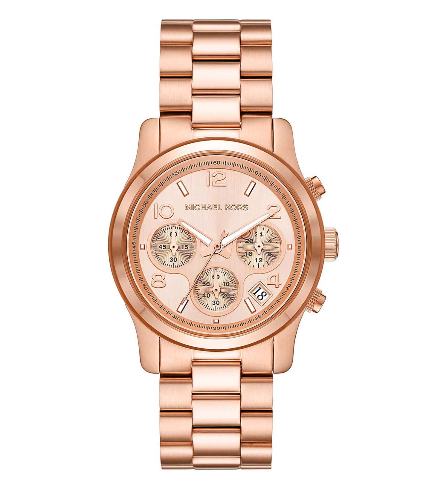 Michael Kors quartz women's watch in gold, angled 45 degrees, showcasing elegant dial with crystal accents in close-up view.