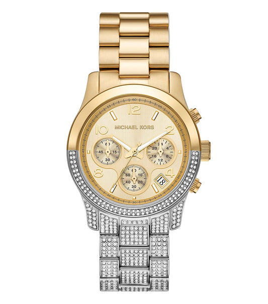 Michael Kors quartz-colored watch with gold accents, featuring a round face and sleek metal bracelet, angled slightly to the right.