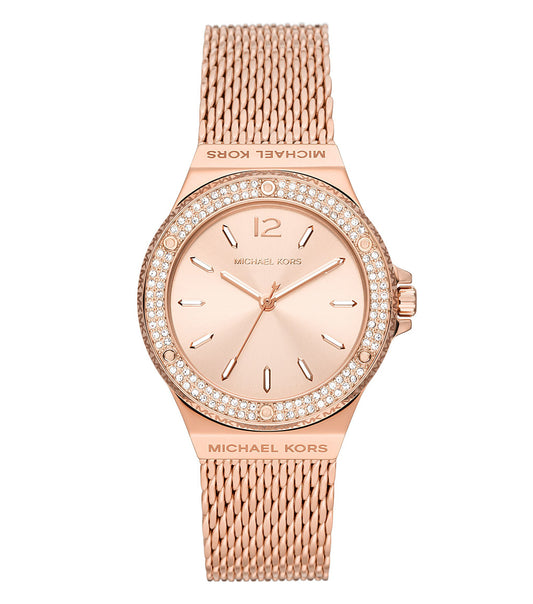 Michael Kors gold-tone watch with a round dial, stylish case, and elegant bracelet, viewed from an angled side perspective.