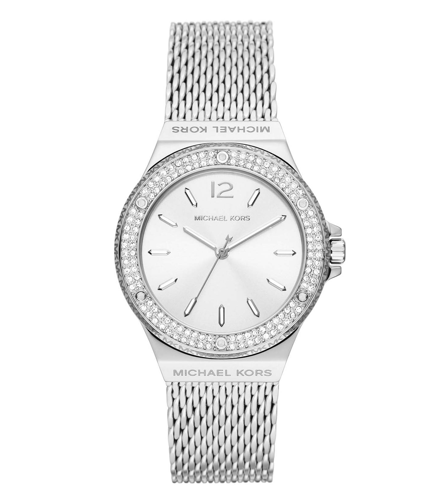 Michael Kors watch in quartz color, front angle view; stylish luxury timepiece with a classic round face and metallic bracelet.