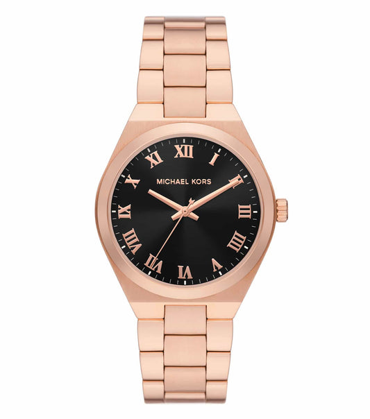 Michael Kors quartz-colored watch with elegant round face and metallic strap, angled slightly from the front, radiating luxury.