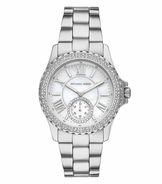 Michael Kors Everest watch in silver, featuring a distinct bezel, elegantly angled display, and luminescent markers.